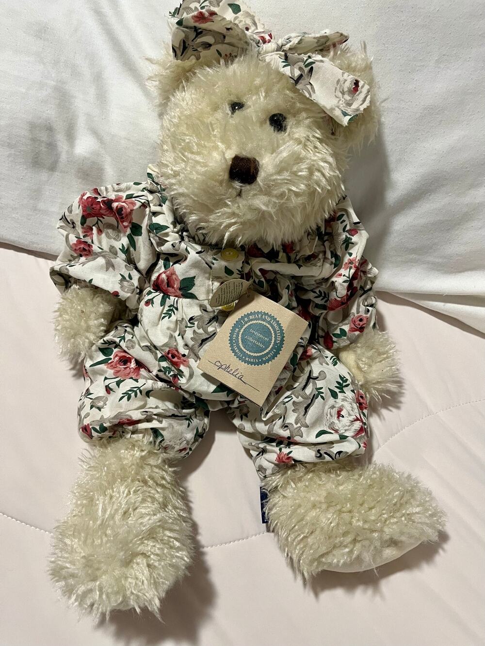 Vintage 1997 Boyds Bears Ophelia Plush 14" Tagged J.B. Bean Floral Romper Bow